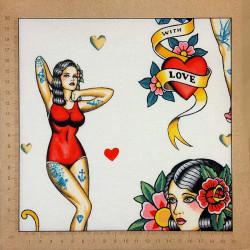 Retro 60s and tattoo style fabric with pinups on cream white background