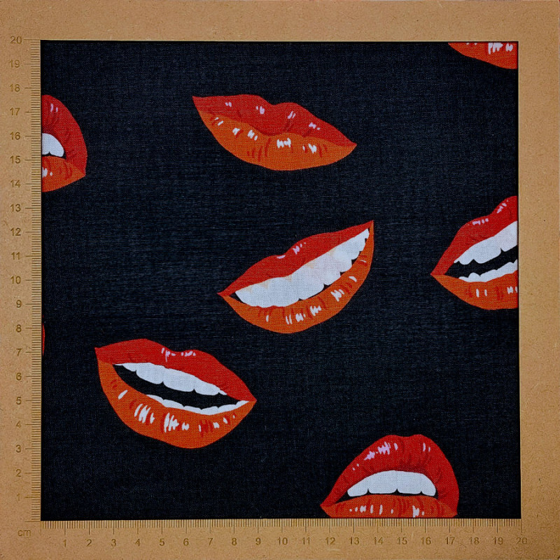 Red mouths on black fabric - cotton