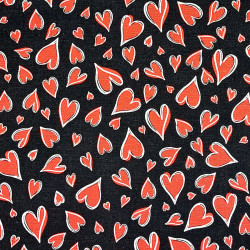 Red hearts fabric on black background - cotton