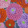 Fabric with orange purple pink chrysanthemums grey background