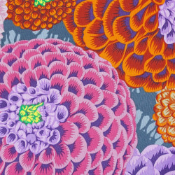 Kaffe Fassett fabric with orange purple pink chrysanthemums grey background