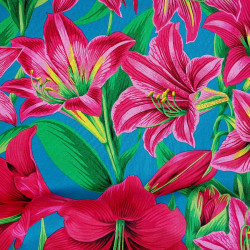 Kaffe Fassett fabric pink lilies on blue background