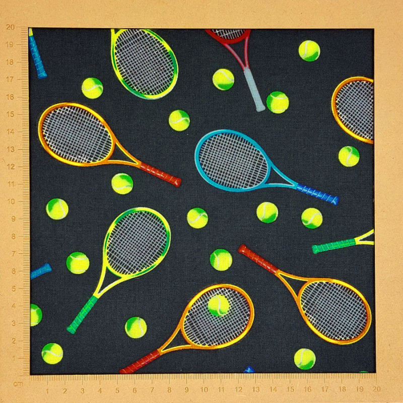 Tennis fabric with rackets and balls on black background - cotton