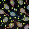 Tennis fabric with rackets and balls on black background - cotton