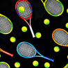 Tennis fabric with rackets and balls on black background - cotton