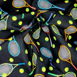 Tennis fabric with rackets and balls on black background - cotton