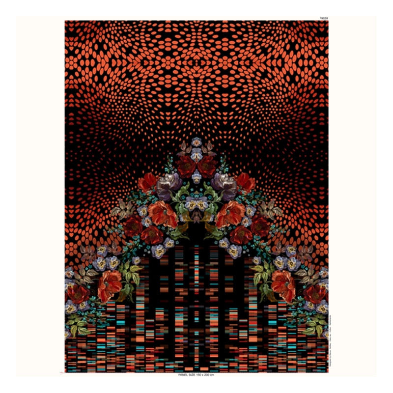 Panneau fleurs, pois et coeurs jersey de coton noir et rouge 2m x 150cm