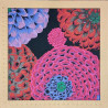 Tissu Kaffe Fassett collective à motifs de chrysanthèmes rouges, fuchsia, bleus et mauves sur fond noir