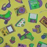 80s style fabric yellow with rollers, video games, floppy disks, glasses