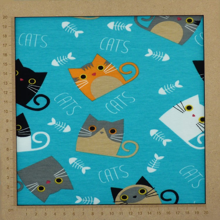 Cats jersey fabric turquoise blue