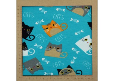 Cats jersey fabric turquoise blue