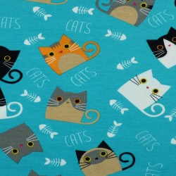 Cats jersey fabric turquoise blue