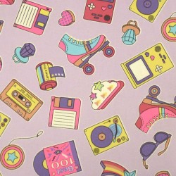 mauve 80s style fabric: roller, video games, floppy disk, audio tape