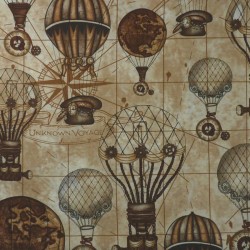 Steampunk retro hot hair balloons fabric with electric bulbs, clocks, terrestrial globes