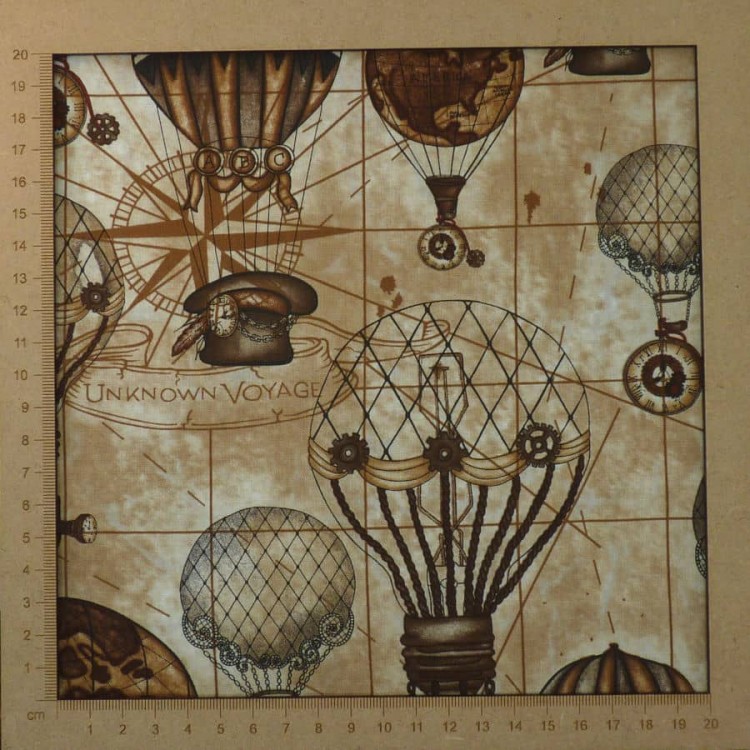Steampunk hot hair balloon fabric in sepia colors with hats, clocks, electric bulbs
