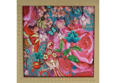 Fuchsia and turquoise jersey fabric with flower and birds patterns