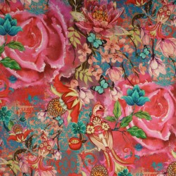 Fuchsia and turquoise jersey fabric with flowers and birds patterns