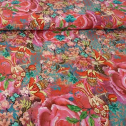 Tissu jersey fuchsia et turquoise avec motifs de fleurs et oiseaux