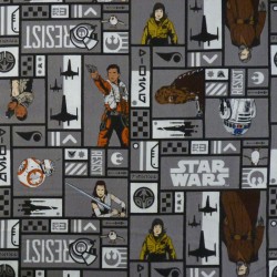 Star Wars grey fabric with Rey Chewbacca, Luke Skywalker, Finn - cotton