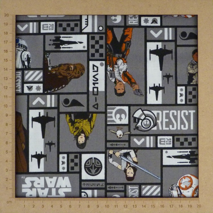 Star Wars grey fabric with Rey Chewbacca, Luke Skywalker, Finn - cotton