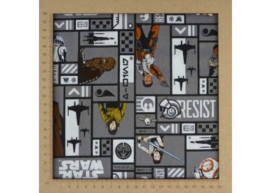 Star Wars grey fabric with Rey Chewbacca, Luke Skywalker, Finn - cotton