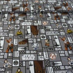 Star Wars grey fabric with Rey Chewbacca, Luke Skywalker, Finn - cotton