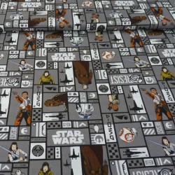 Tissu Star Wars en coton à motifs de personnages de la résistance : Rey, Finn, Luke Skywalker, BB8, Rose, R2D2 sur fond gris