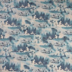 Star Wars fabric in white and blue cotton with R2D2 and Millennium Falcon patterns