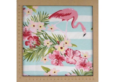 Jersey fabric with flamingos and tropical flowers