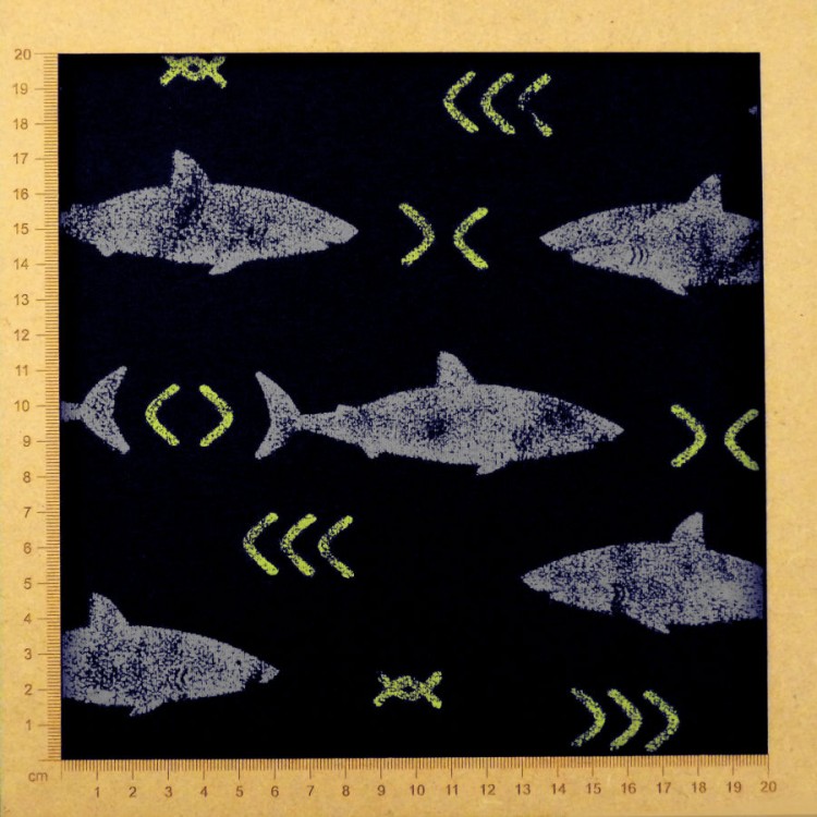 Jersey fabric with sharks on night blue