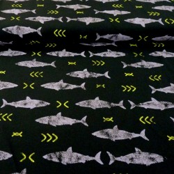 Jersey fabric with sharks on night blue