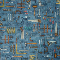 Blue cotton fabric with DIY tools patterns