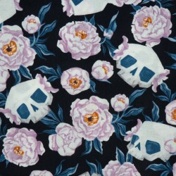 Skulls and light purple flowers (peonies) fabric - cotton