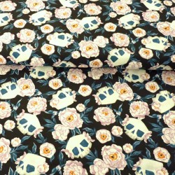 Skulls and light purple flowers (peonies) fabric - cotton