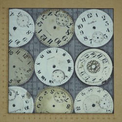Beige and white clocks fabric on a gray background