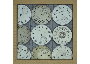 Beige and white clocks fabric on a gray background