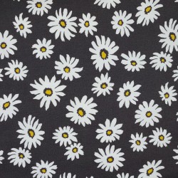 Dark grey jersey fabric with white and yellow daisies