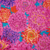 Kaffe Fassett fabric with pink orange chrysanthemums blue background