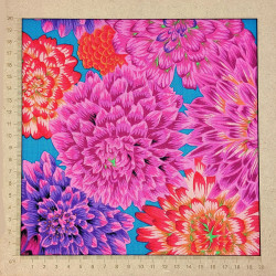 Kaffe Fassett fabric with pink orange chrysanthemums blue background