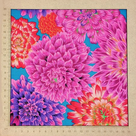 Kaffe Fassett fabric with pink orange chrysanthemums blue background