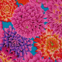 Kaffe Fassett fabric with pink orange chrysanthemums blue background