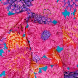 Kaffe Fassett fabric with pink orange chrysanthemums blue background