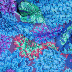 Kaffe Fassett fabric with blue green red chrysanthemums purple background