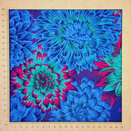 Kaffe Fassett fabric with blue green red chrysanthemums purple background