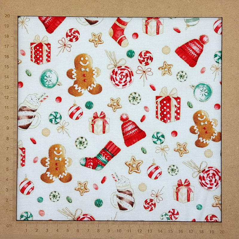Christmas fabric with gingerbread men, wool caps, presents - cotton
