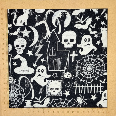 Black Halloween fabric with skulls, spiders, cats - cotton