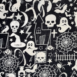 Black Halloween fabric with skulls, spiders, cats - cotton