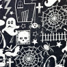Tissu Halloween noir et blanc fantômes, toiles d'araignées, crânes, maisons hantées