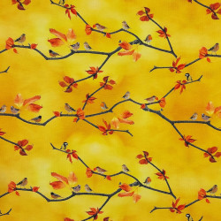 Yellow jersey fabric with small birds and tree branches