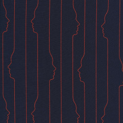 Popeline de viscose bleu foncé avec lignes de visages rouges